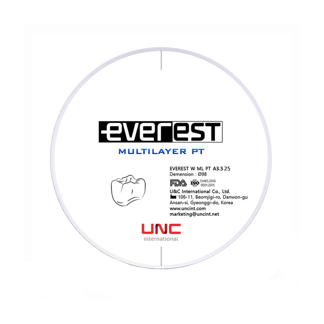 Everest Multilayer PT - циркониевый диск многослойный, предварительно окрашенный, диаметр 98 мм, толщина 12 мм | UNC (Ю. Корея)